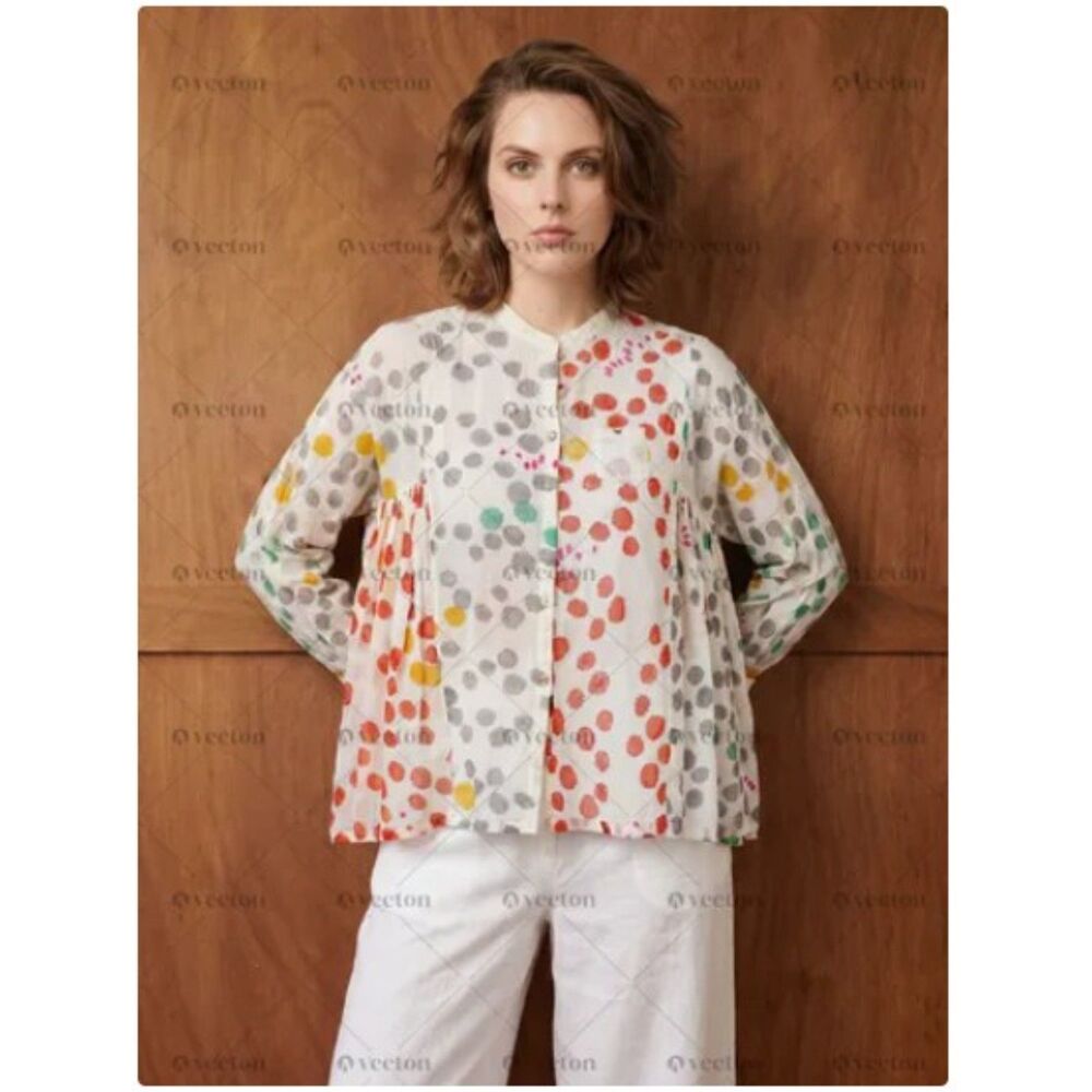 NEW Injiri Colorful Spots Cotton Silk Peasant Shirt Gathered Side Panel Charbagh